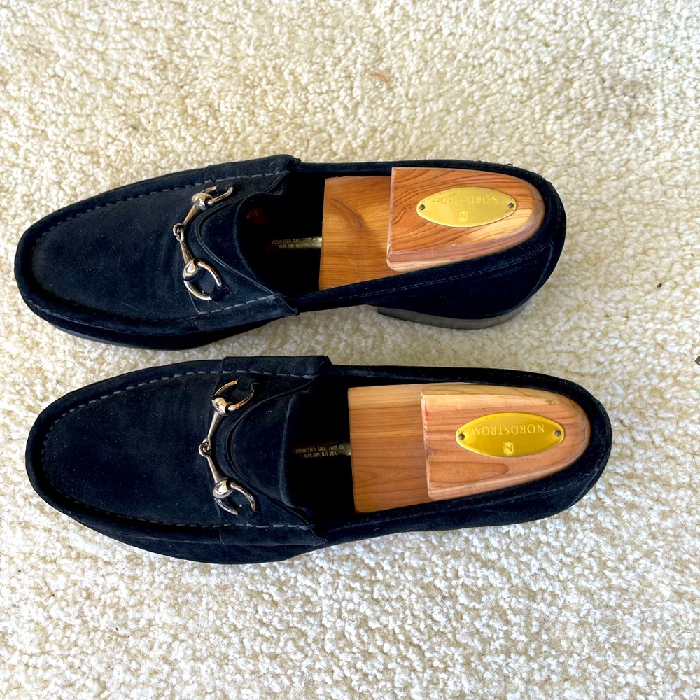 Gucci black suede bit loafers
